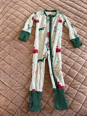 Kiki & Lulu Cozy Green Holiday Christmas Dog Print Kids Romper